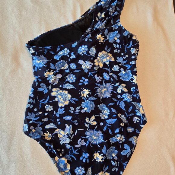 J. CREW RE-Imagined Rouched One Shoulder One Piece Swimsuit Blue Black Size 12. - Picture 10 of 15